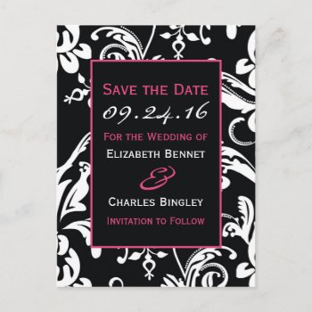 Black & Hot Pink Contemporary Custom Save The Date Announcement Postcard by designaline at Zazzle
