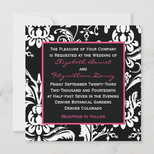 Black &amp; Hot Pink Contemporary Damask Invitation