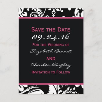 Black & Hot Pink Contemporary  Save The Date Wide Announcement Postcard by designaline at Zazzle