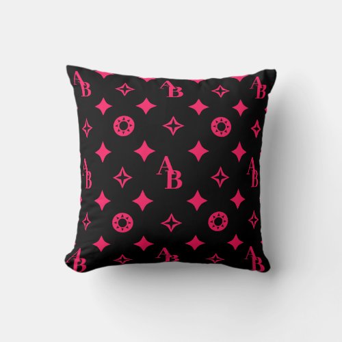 Black  Hot Pink Custom Initial Monogram Pattern Throw Pillow