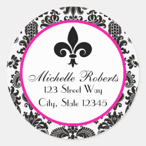 Black Hot Pink Damask Fleur De Lys Address Label