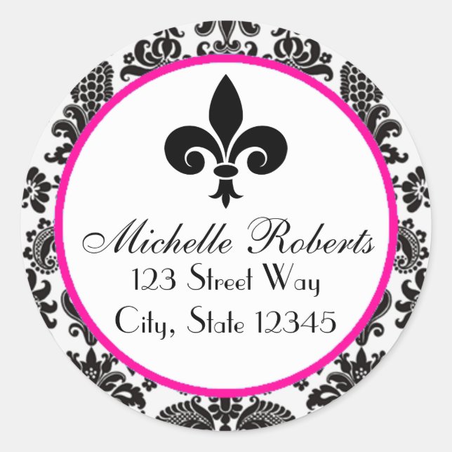 Black &Hot Pink Damask Fleur De Lys Address Label (Front)