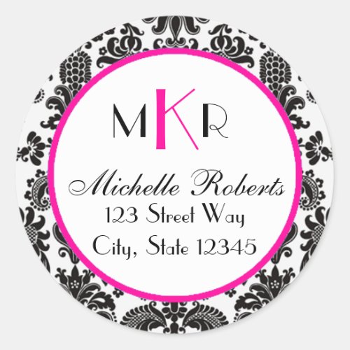 Black  Hot Pink Damask Round Return Address Label