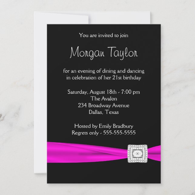 Black Hot Pink Diamond 21st Birthday Party Invitation (Front)