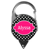 Black Hot Pink Dots Personalized Badge Holder (Carabiner Front)