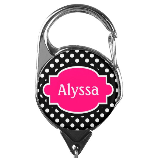 Black Hot Pink Dots Personalized Badge Holder (Carabiner Front)