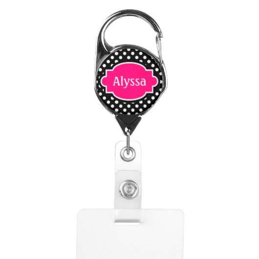 Black Hot Pink Dots Personalized Badge Holder (Front)