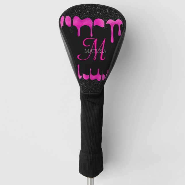 Black & Hot Pink Drip Glitter Monogram Name  Golf Head Cover (Front)