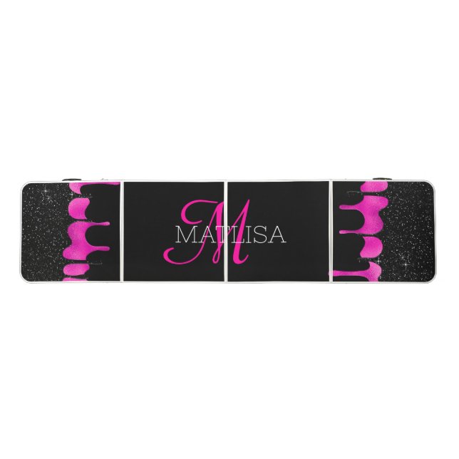 Black Hot Pink Dripping Glitter Monogram Name   Beer Pong Table (Top)