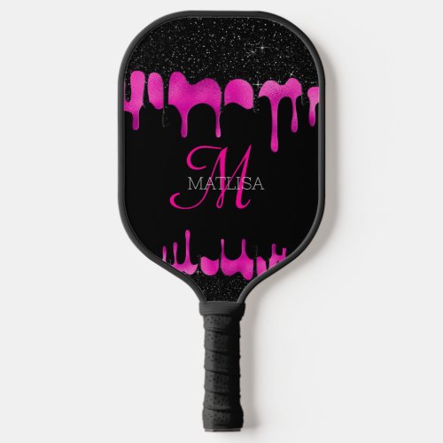 Black Hot Pink Dripping Glitter Monogram Name   Pickleball Paddle