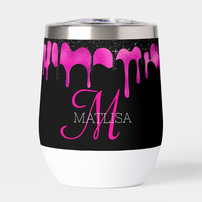 Black Hot Pink Dripping Glitter Monogram Name   Thermal Wine Tumbler (Front)