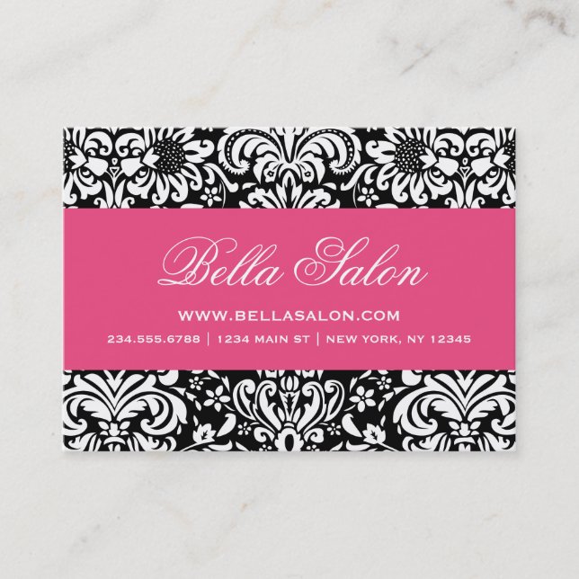 Black & Hot Pink Elegant Floral Damask Business Card (Front)