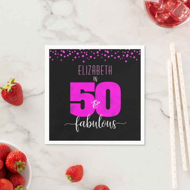 Black hot pink fifty fabulous birthday bold custom napkins (Insitu)