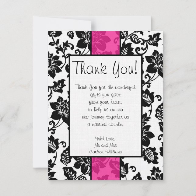 Black/Hot Pink Floral Damask Thank You Card (Front)