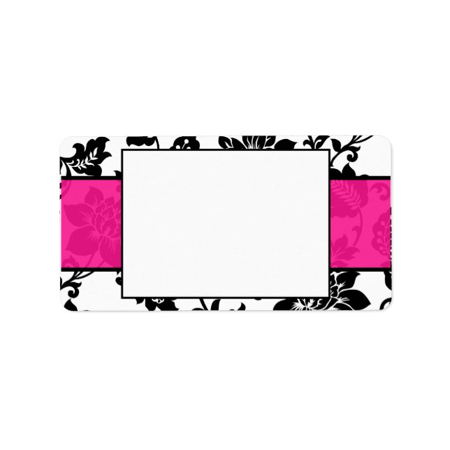 Black/Hot Pink Floral Damask Wedding Mailing Label (Front)