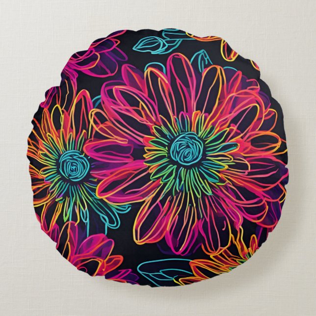 Black Hot Pink Flower Round Pillow (Front)