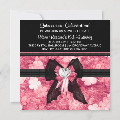 Black Hot Pink Flowers Quinceanera Invitations