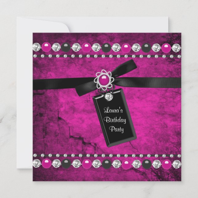 Black Hot Pink Girls Birthday Party Invitation (Front)