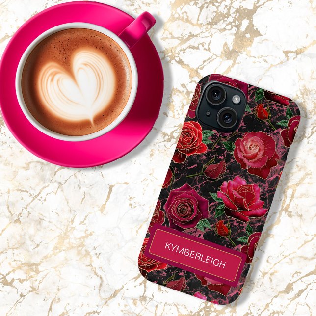 Black Hot Pink Glam Roses Marble Monogram Name Case-Mate iPhone Case (Creator Uploaded)