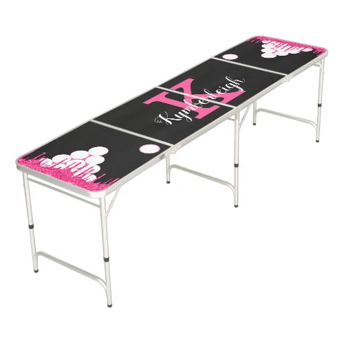 Black Hot Pink Glitter Drips Girly Monogram Name Beer Pong Table