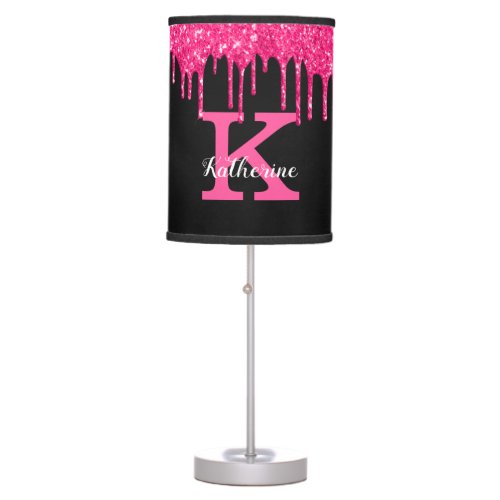 Black Hot Pink Glitter Drips Girly Monogram Name Table Lamp