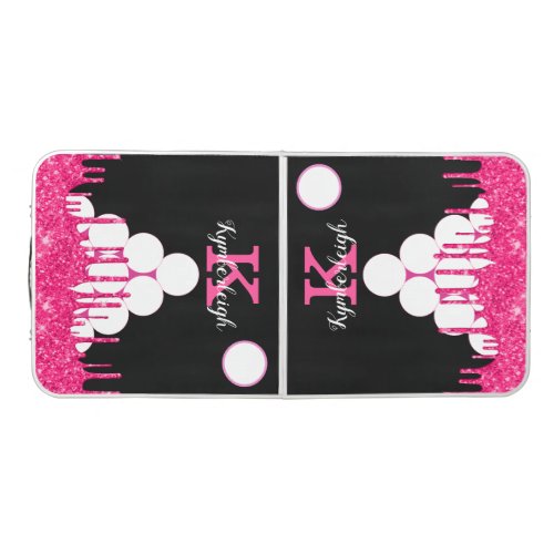 Black Hot Pink Glitter Drips Girly Monogram Small Beer Pong Table