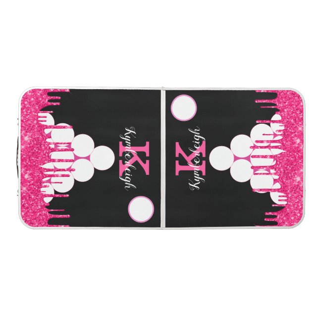 Black Hot Pink Glitter Drips Girly Monogram Small Beer Pong Table (Top)