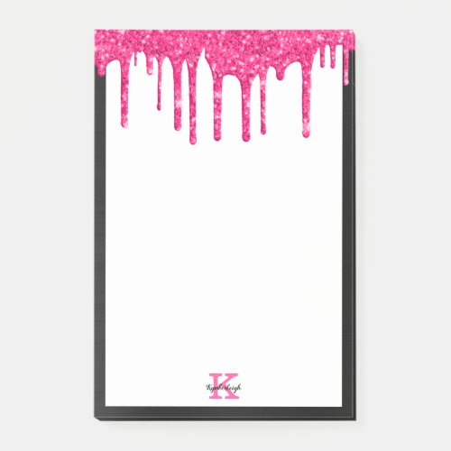 Black Hot Pink Glitter Drips Medium Rectangular Post_it Notes