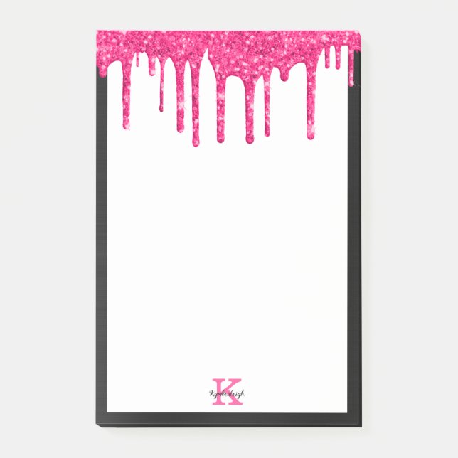 Black Hot Pink Glitter Drips Medium Rectangular Post-it Notes (Front)