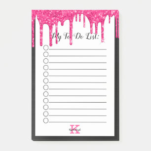 Black Hot Pink Glitter Drips Monogram To-Do List Post-it Notes
