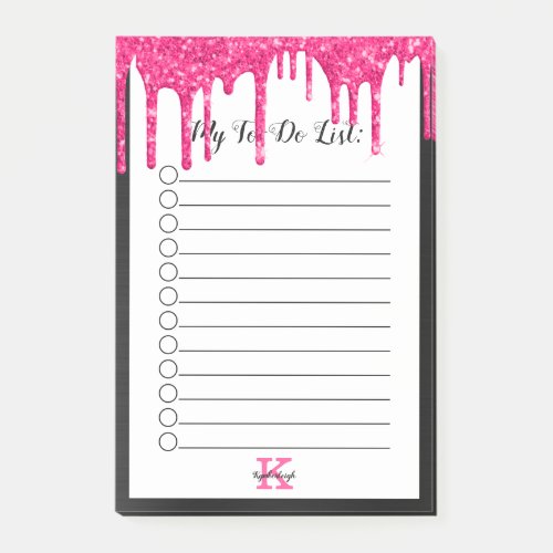 Black Hot Pink Glitter Drips Monogram To_Do List Post_it Notes
