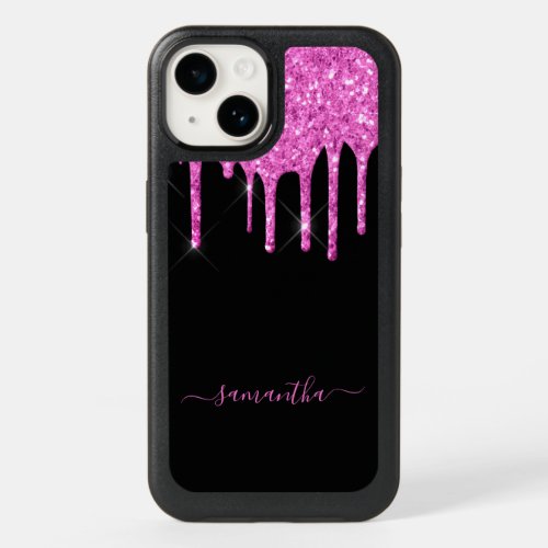 Black hot pink glitter drips name OtterBox iPhone 14 case