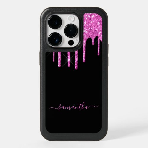 Black hot pink glitter drips name OtterBox iPhone 14 pro case