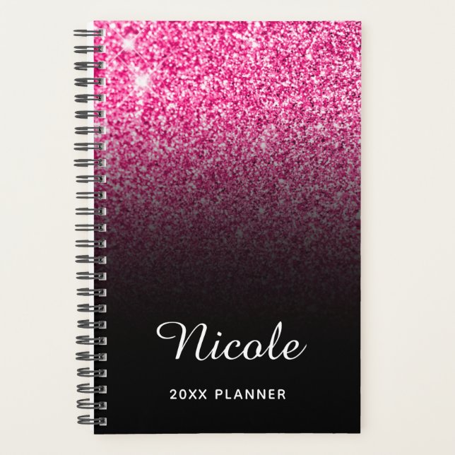 Black Hot Pink Glitter Ombre Personalized Planner (Front)