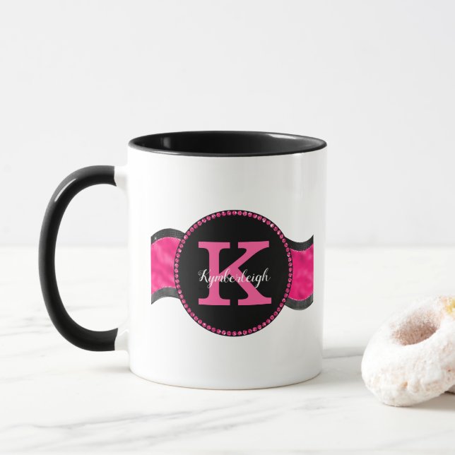 Black Hot Pink Gray Waves Girly Glam Monogram Name Mug (With Donut)