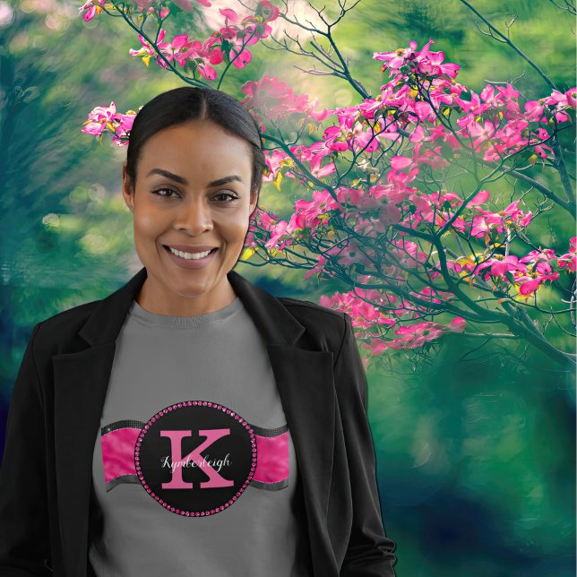 Black Hot Pink Gray Waves Girly Glam Monogram Name T-Shirt (Creator Uploaded)