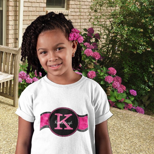 Black Hot Pink Gray Waves Girly Glam Monogram Name T-Shirt (Creator Uploaded)