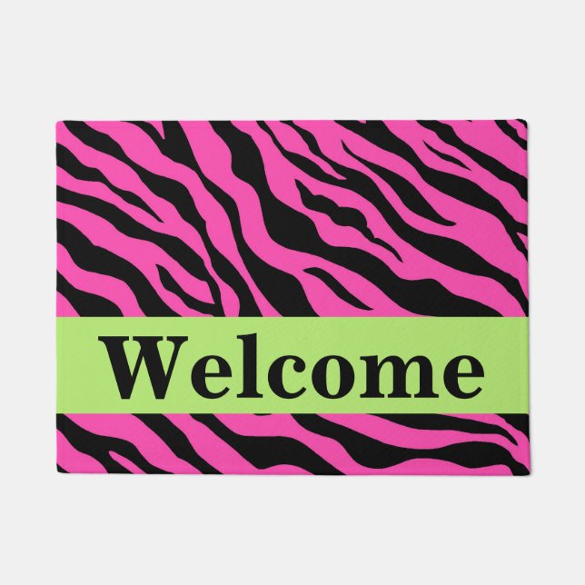 Black Hot Pink Green Zebra Skin Pattern Welcome Doormat (Front)