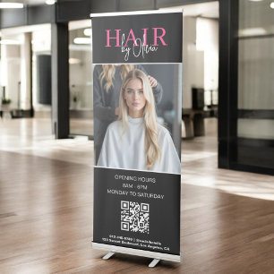 Black Hot Pink Hair Salon QR Code Monogram Photo Retractable Banner