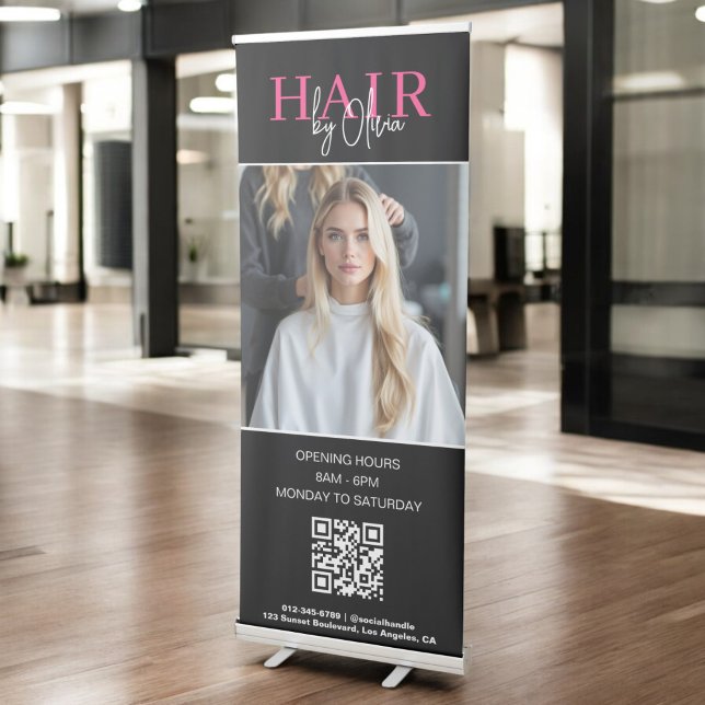 Black Hot Pink Hair Salon QR Code Monogram Photo Retractable Banner (Creator Uploaded)