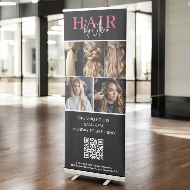 Black Hot Pink Hair Salon QR Code Monogram Photo Retractable Banner (Creator Uploaded)