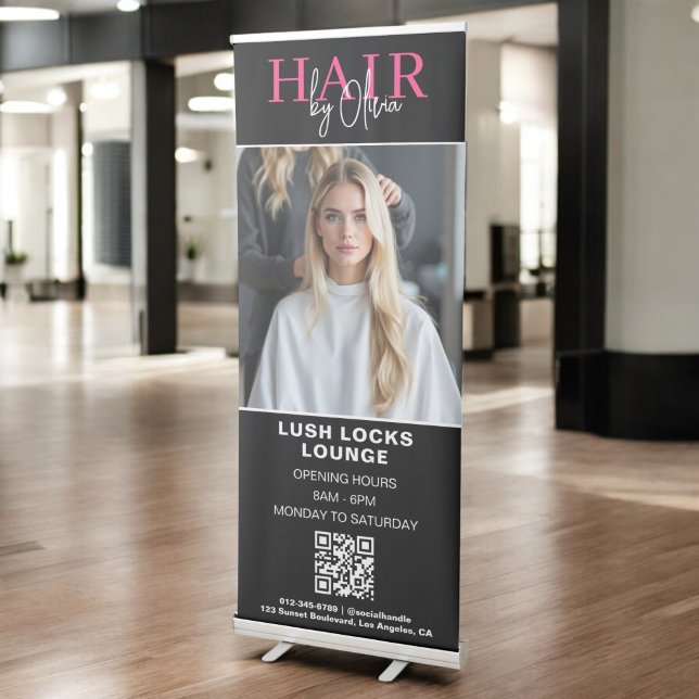 Black Hot Pink Hair Salon QR Code Monogram Photo Retractable Banner (Creator Uploaded)