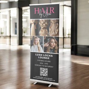 Black Hot Pink Hair Salon QR Code Monogram Photo Retractable Banner