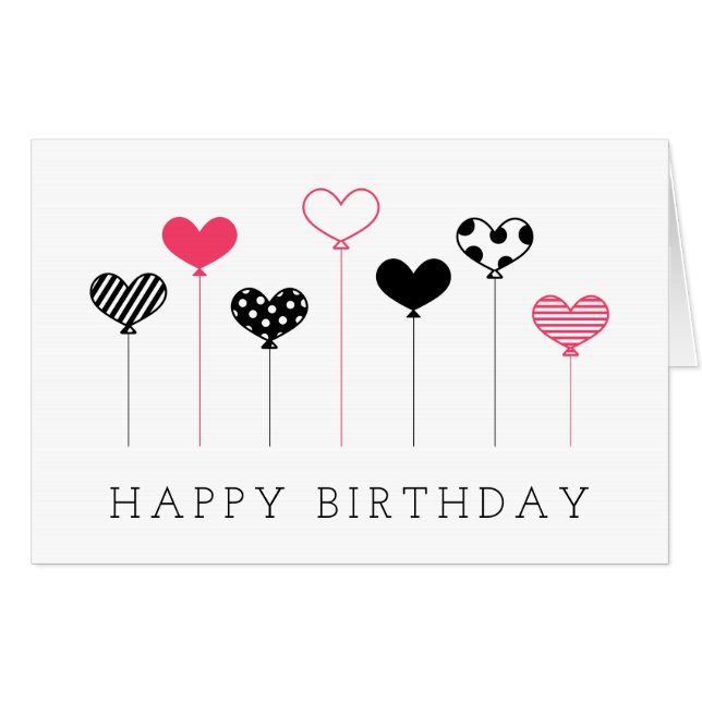 Black Hot Pink Heart Balloons Happy Birthday Card (Front Horizontal)
