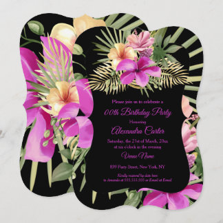 Black Hot Pink Hibiscus Tropical Floral Party Invitation