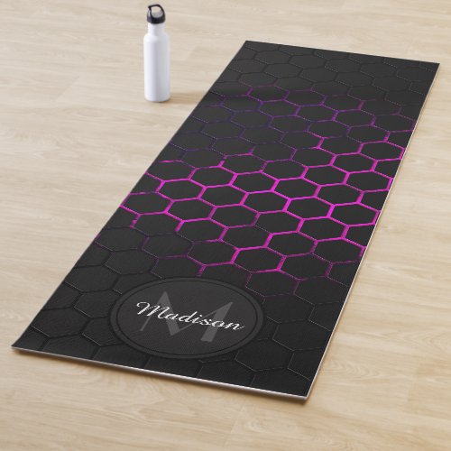Black hot pink honeycomb geometry pattern Monogram Yoga Mat