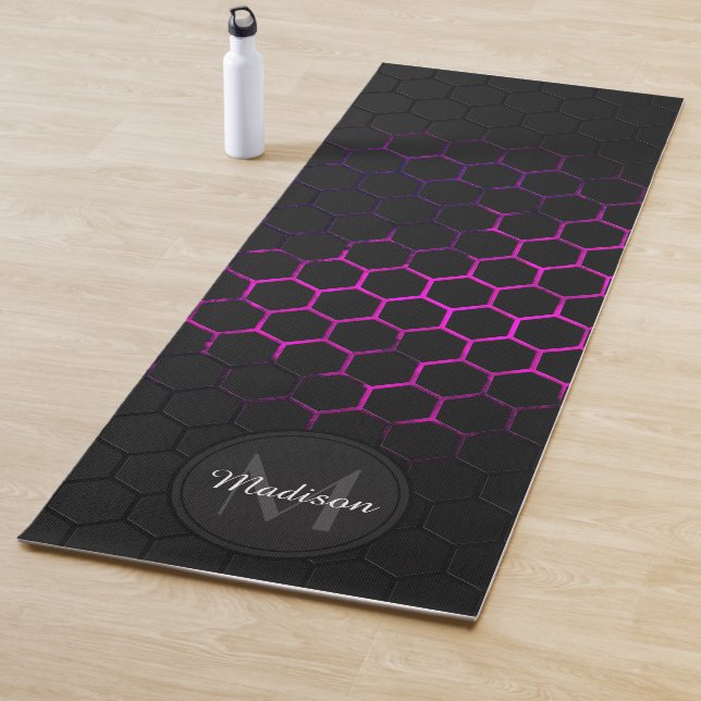 Black hot pink honeycomb geometry pattern Monogram Yoga Mat (In Situ)