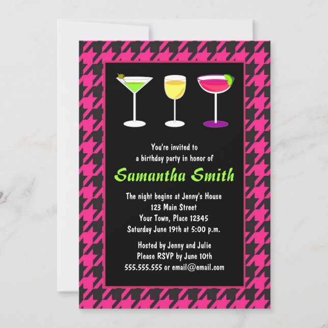 Black & Hot Pink Houndstooth Birthday Party Invitation (Front)