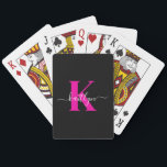 Black Hot Pink Initial Name Monogrammed Poker Cards<br><div class="desc">This simple, elegant black deck of playing cards with your first name in a trendy script font in white typed over your first initial in a modern cap font in hot pink are perfect for when you get together with friends to play cards. They're stylish and trendy and yet very...</div>