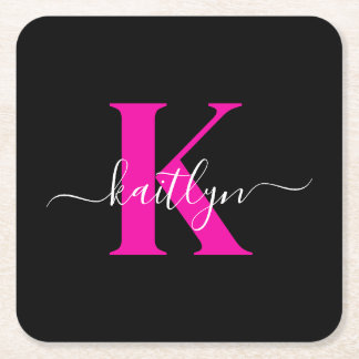 Black Hot Pink Initial Name Monogrammed Square Paper Coaster
